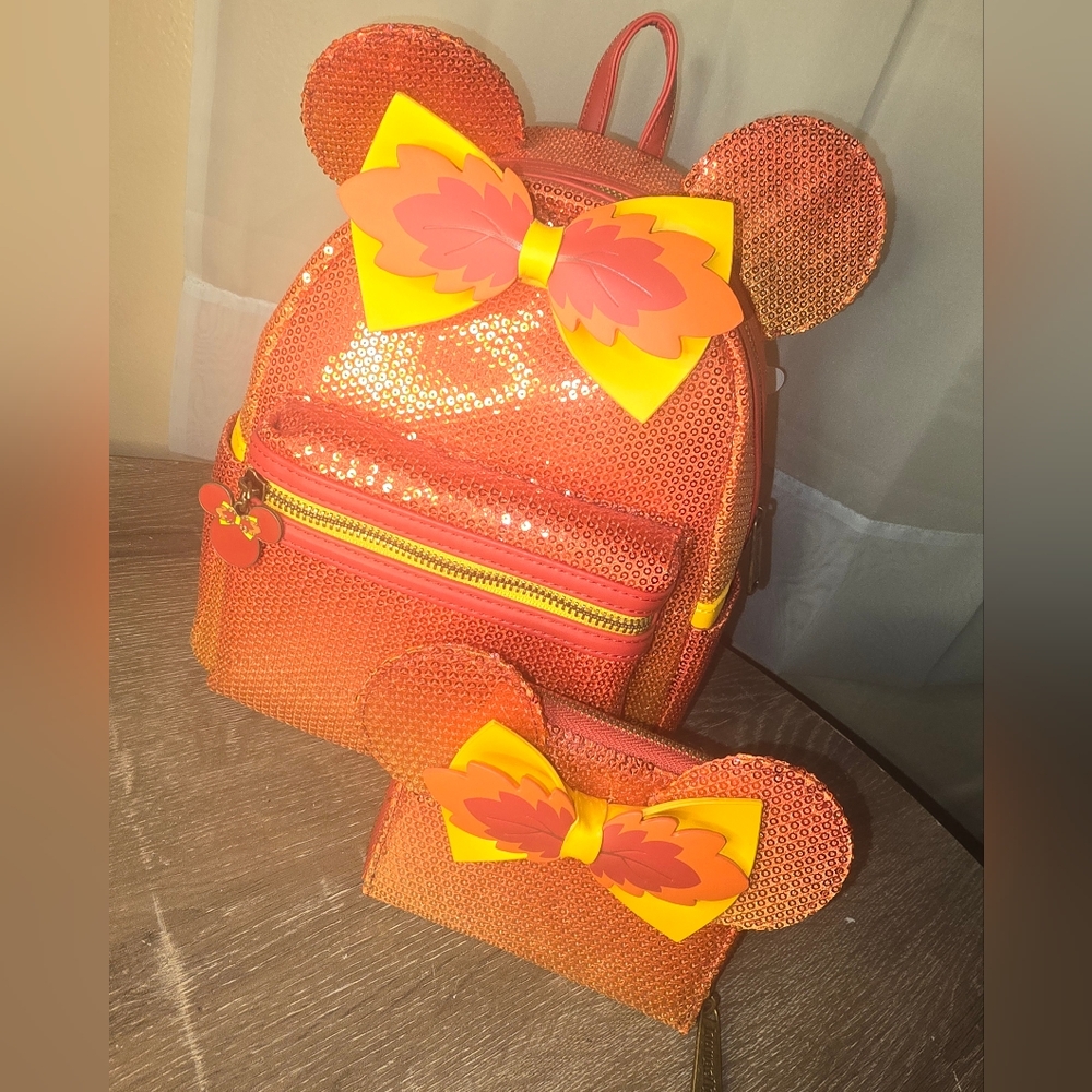 Loungefly Disney Minnie Mouse Fall Sequin Mini Backpack and Wallet
